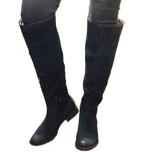 NWT BORN Borman Boho Black Distressed Suede Knee Boots Leopard Cuff 8 MSRP $260